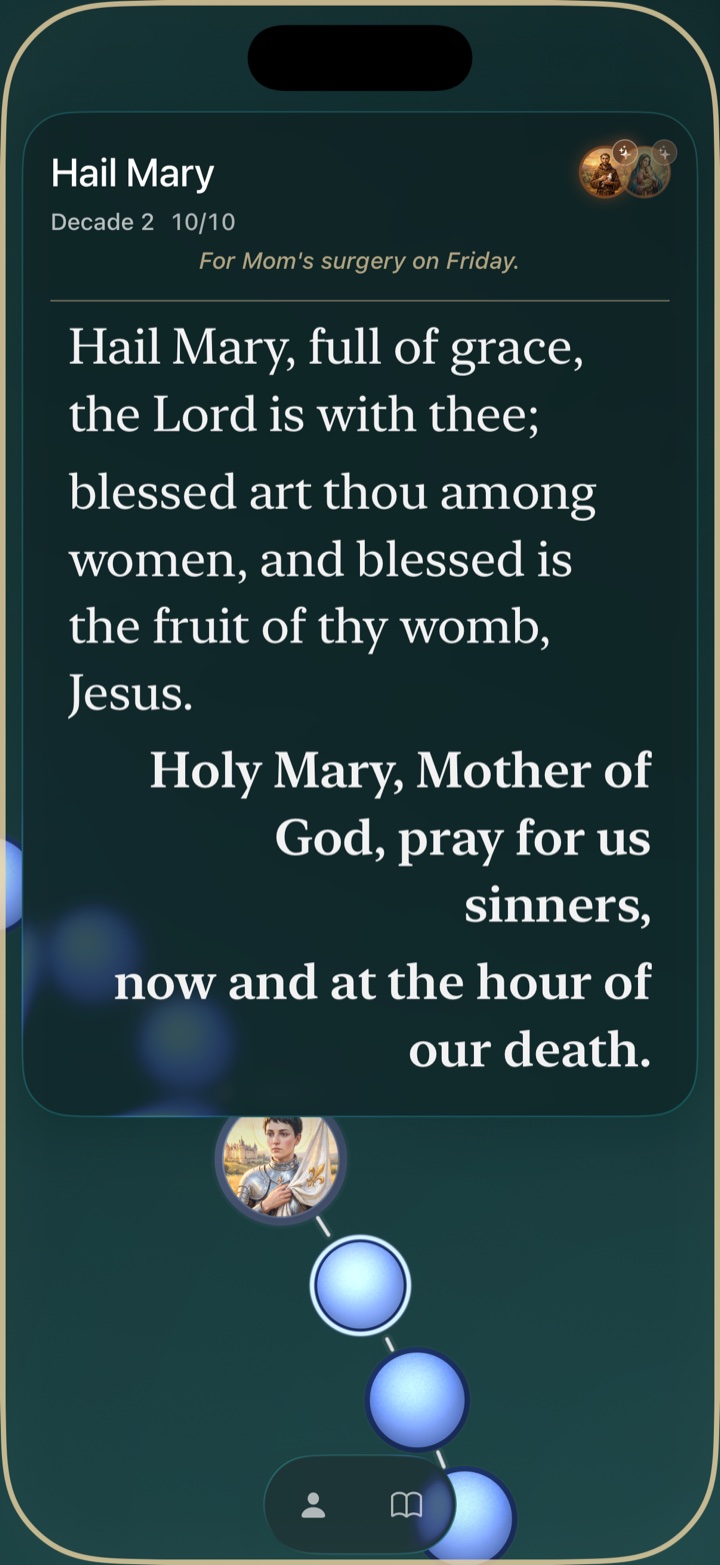 The Myrosa Hail Mary prayer view: the full Hail Mary in serif type, today's intention 'For Mom's surgery on Friday', and the rosary beads