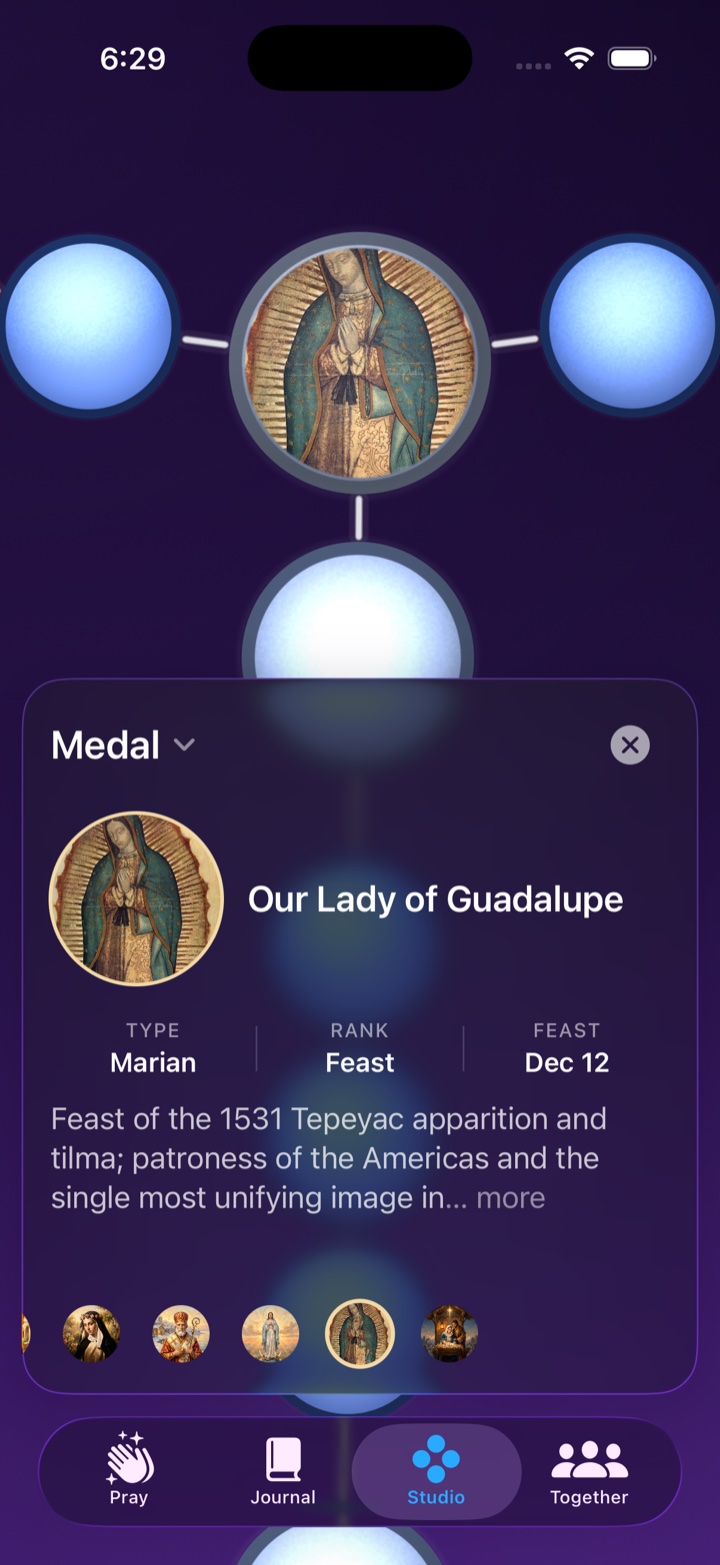 Myrosa Studio showing the Our Lady of Guadalupe medal with rosary beads