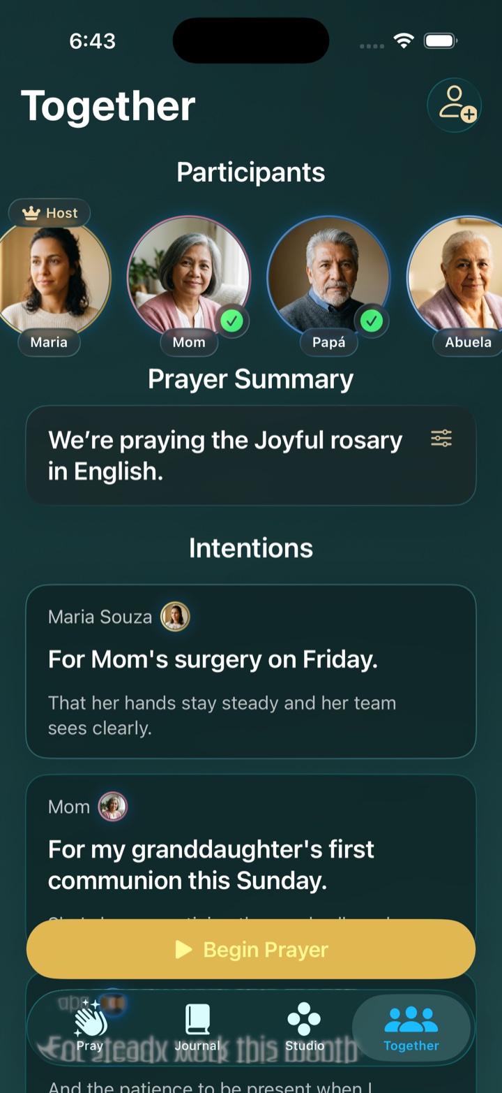 Myrosa Together tab during a SharePlay family prayer, with participants and shared intentions